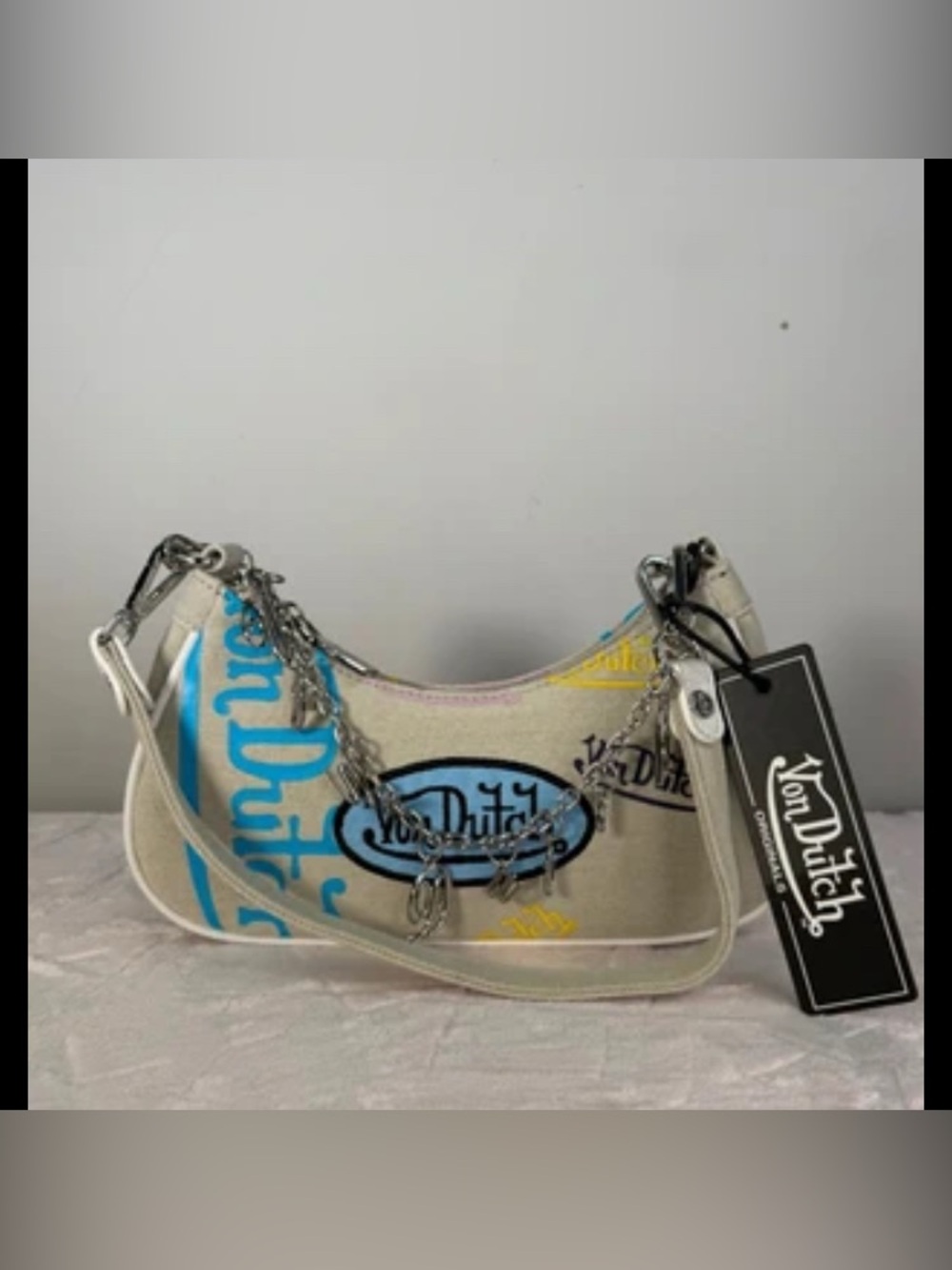 Von Dutch Beige Shoulder Bag with Blue Logo Accents